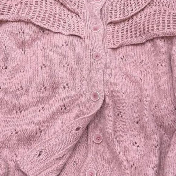 Pink Knit Button Up Cardigan With Ruffle Collar - Picture 3 of 4